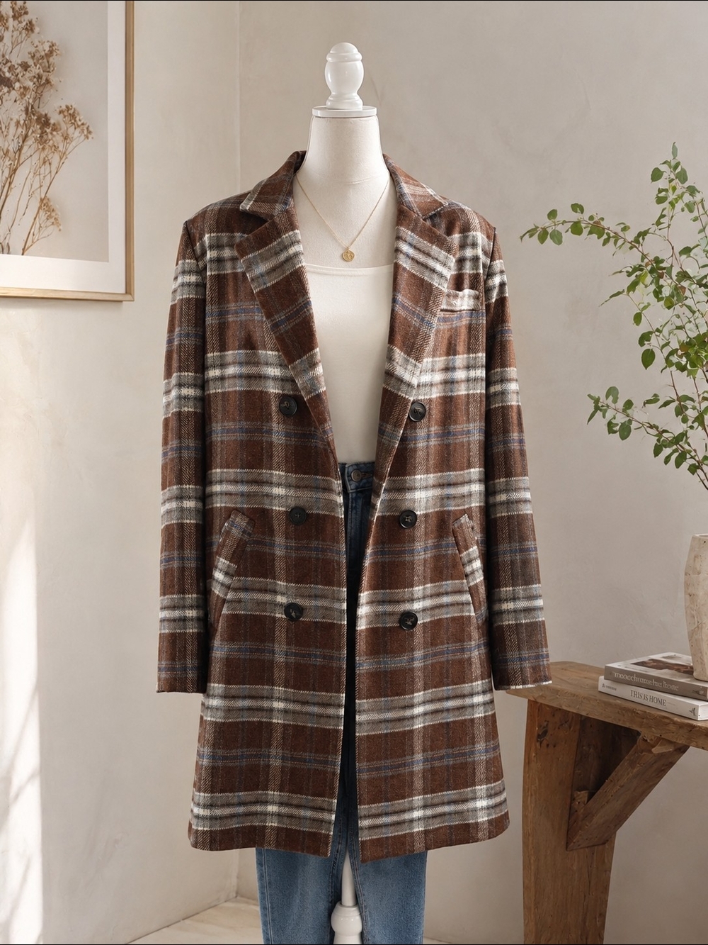 Davi & Dani Plaid Long Coat Small Brown Double Breasted Lightweight Fall Coat